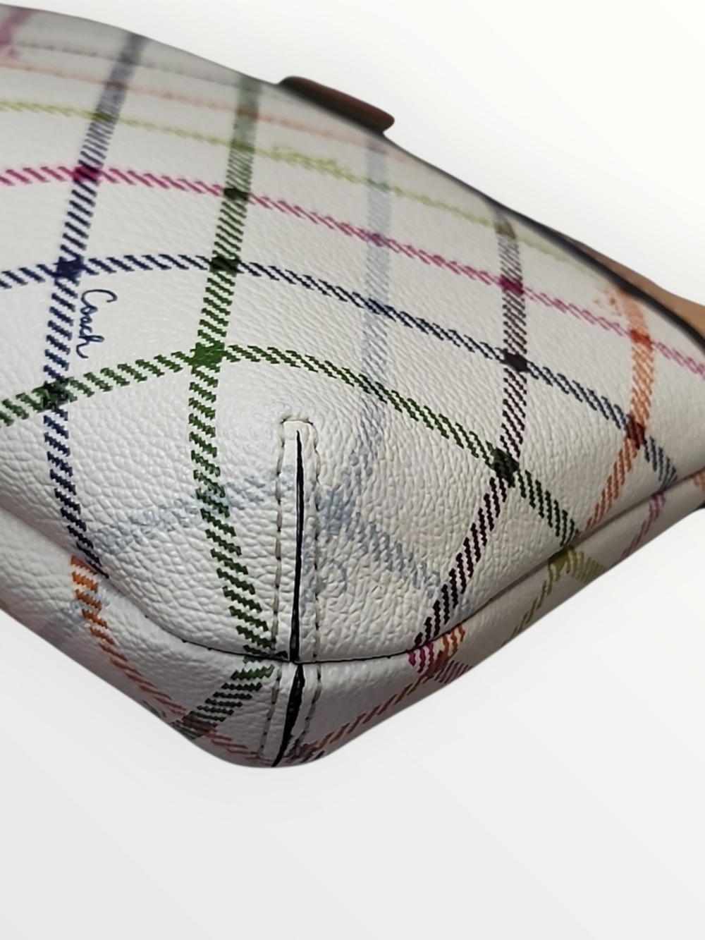 COACH Peyton Tattersall Plaid Wristlet Chalk Multi Gold Leather Trim Like New - Picture 5 of 7
